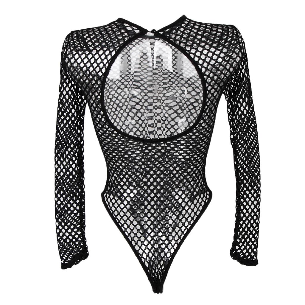 Women's Tight Mesh Long Sleeve Backless Bodysuit Jumpsuit Shapewear One Piece Swimsuit