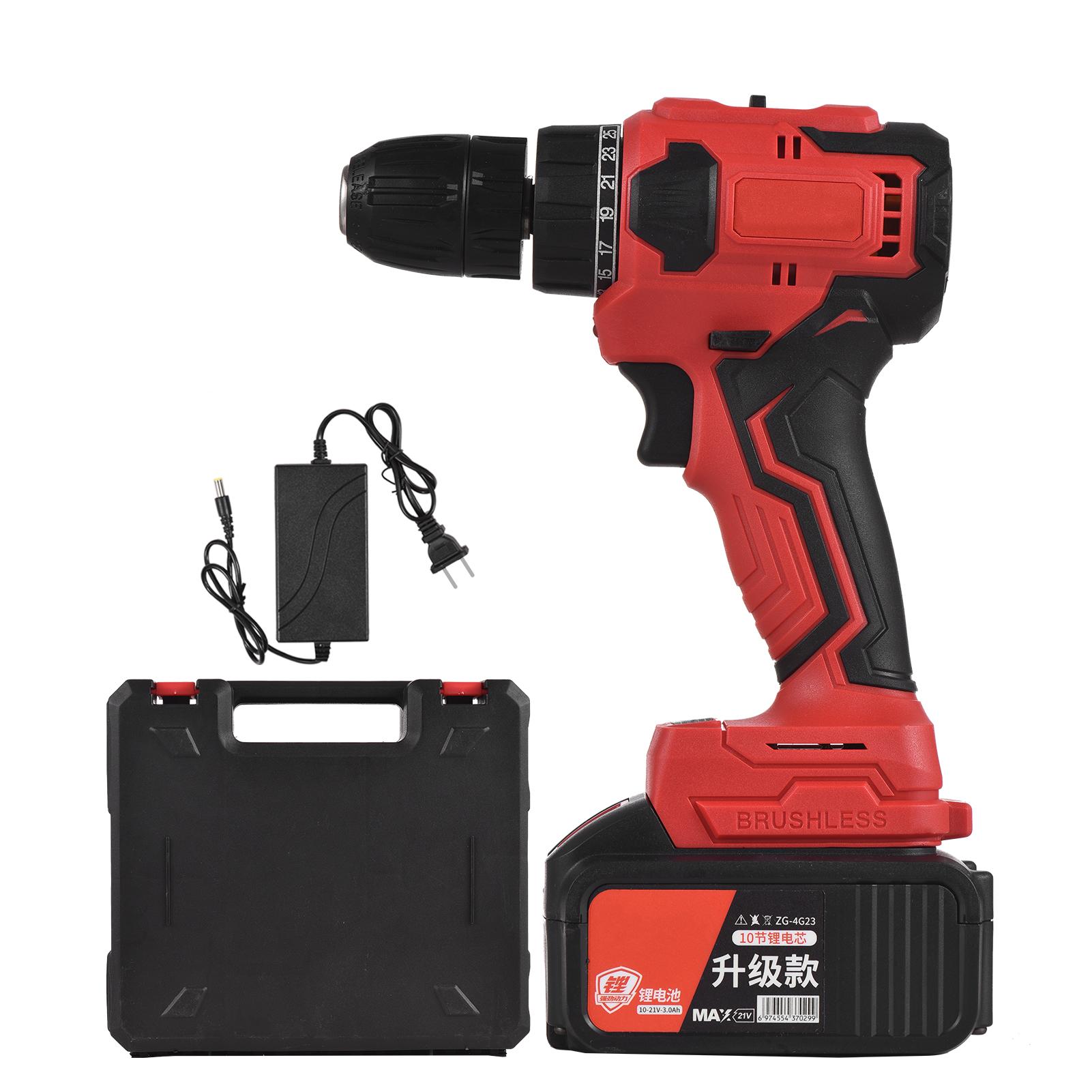21V Cordless Brushless Impact Drill 3/8in Chuck Heavy Duty Electric Drill Power Screwdriver with 3.0Ah Battery Fast Charger, Bits Sleeves Extension Shaft, LED Work Light 2-variable Speed 25+1 Torque Adjustment 80N.m for Brick Concrete Wall Cement Board