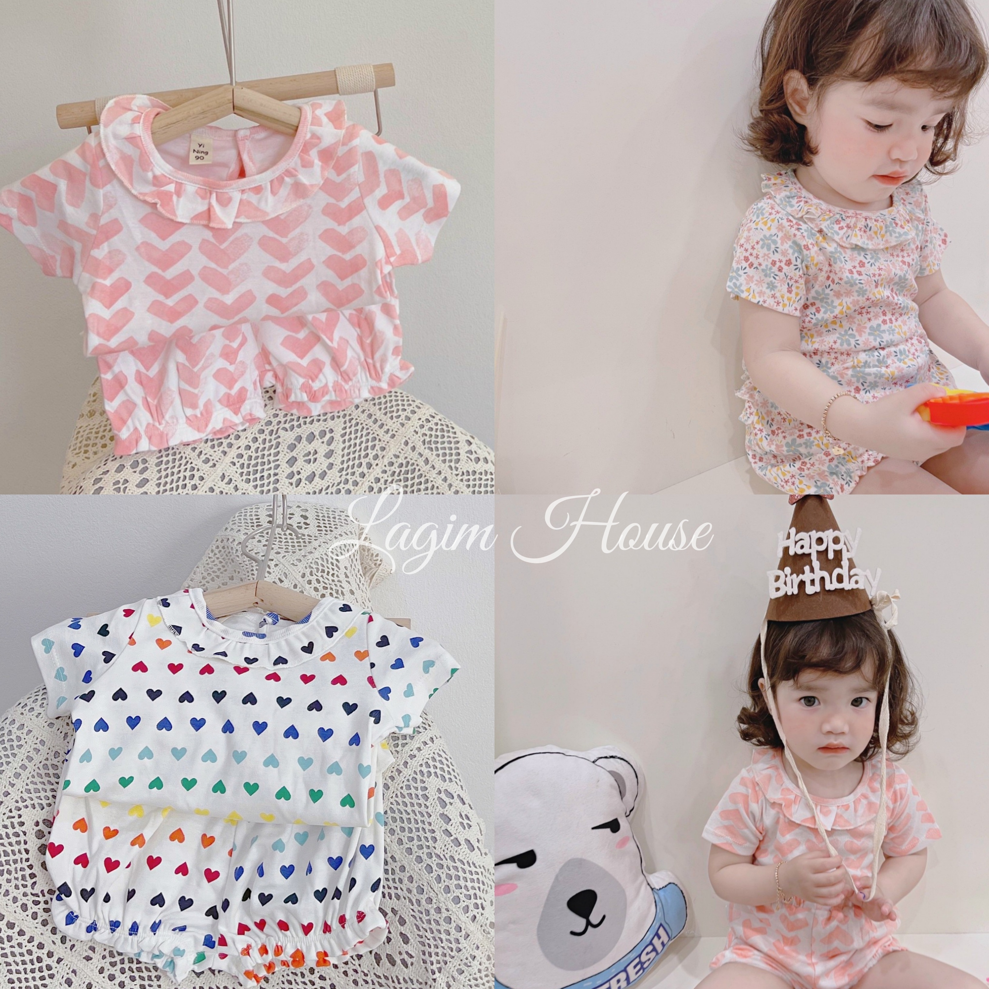 Bộ cộc thun hè cho bé gái, set bộ cotton mặc nhà họa tiết tim nhí nhiều màu sắc cho bé từ 7kg đến 18kg - Lagim House