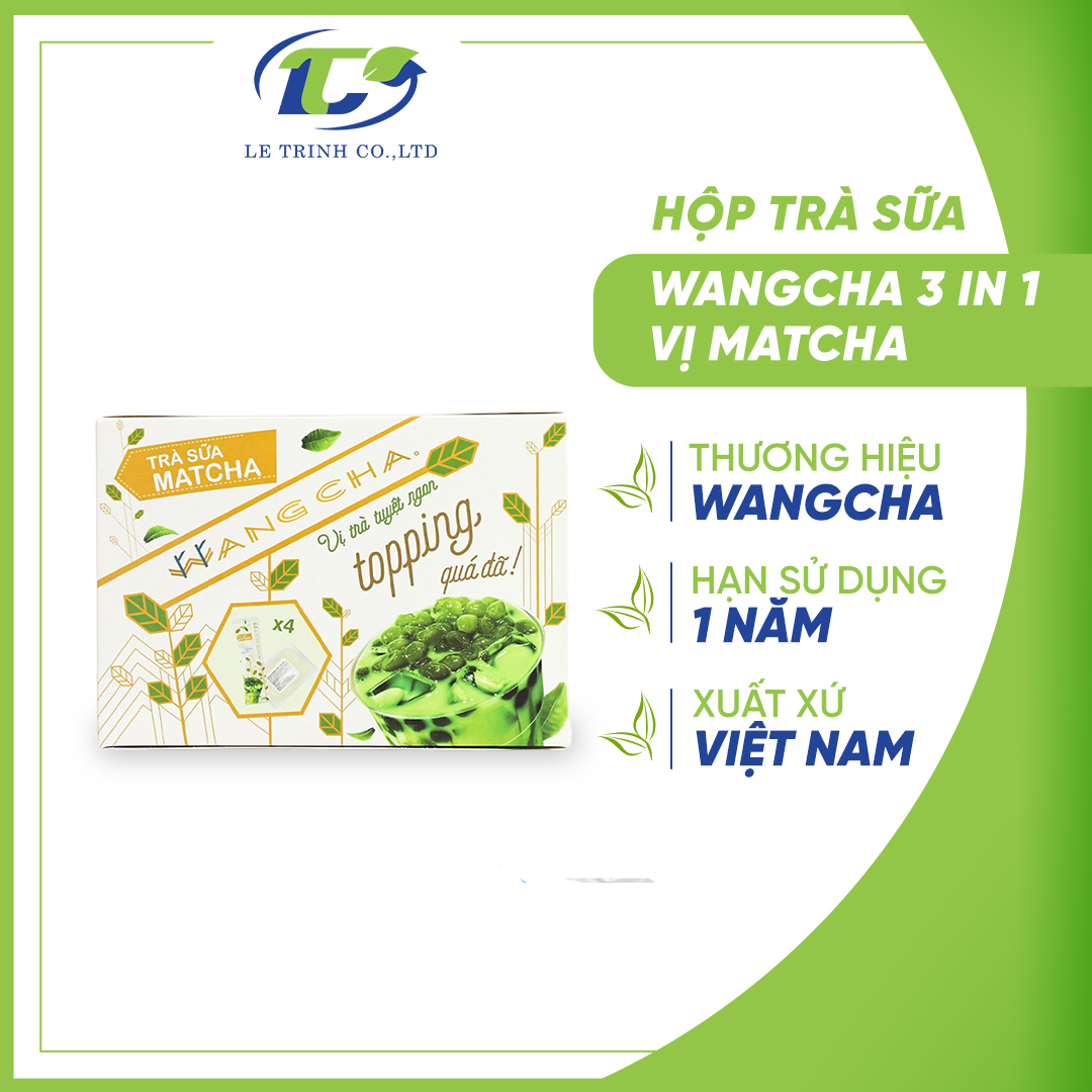 Hộp Trà Sữa Wangcha Vị Matcha pha trà sữa tiện lợi - Bột Hòa Tan Trà Sữa 3IN1 Truyền Thống 4 gói và Thạch 3Q ngọc trai 4 gói  thơm ngon đi kèm - Trà Sữa Vị Matcha cao cấp, dễ sử dụng (400gr/hộp)