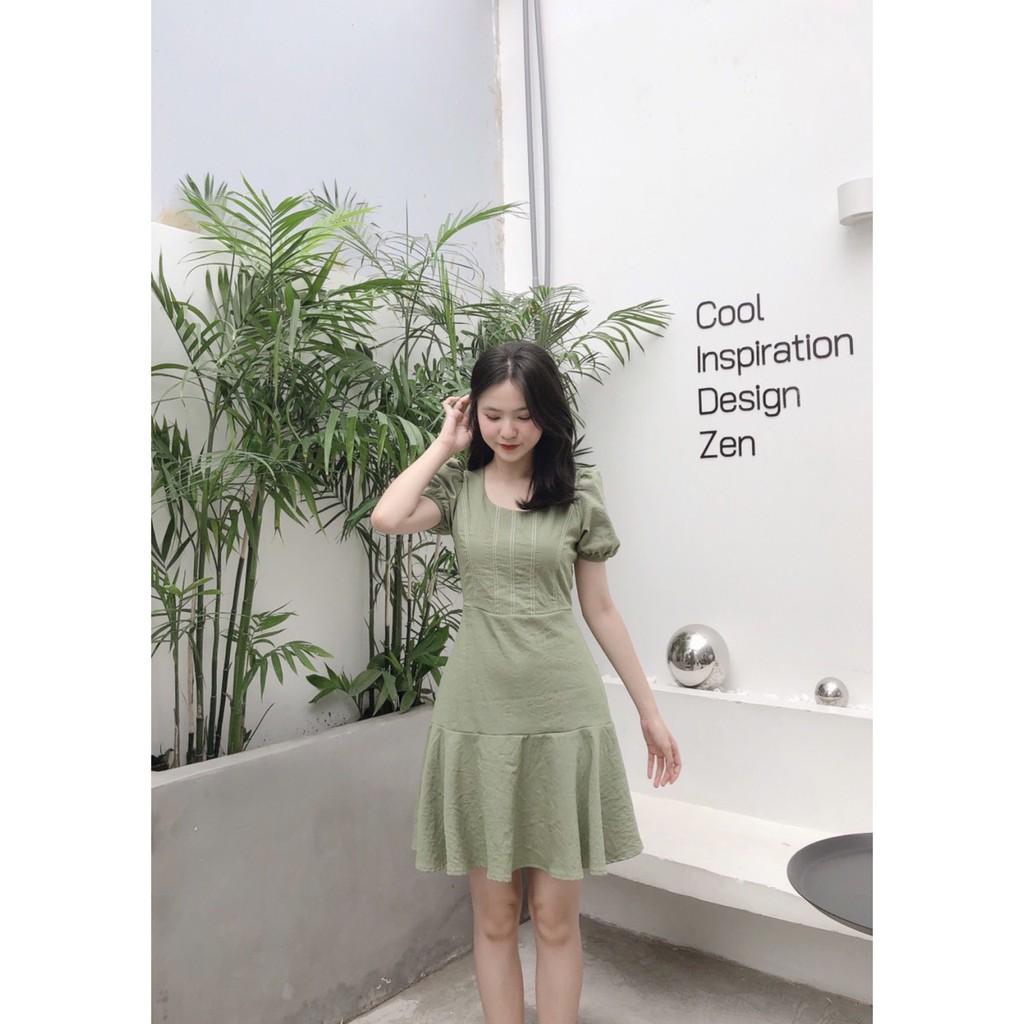 ĐẦM XANH RÊU MAY CHỈ NỔI LILEN 2 LỚP CỔ TRÒN TAY NGẮN PHỒNG PHỐI ĐUÔI CÁ XÒE-hình thật shop chụp