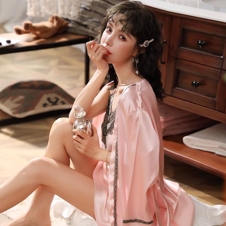 Áo choàng ngủ lụa kiểu kimono viền ren sang trọng