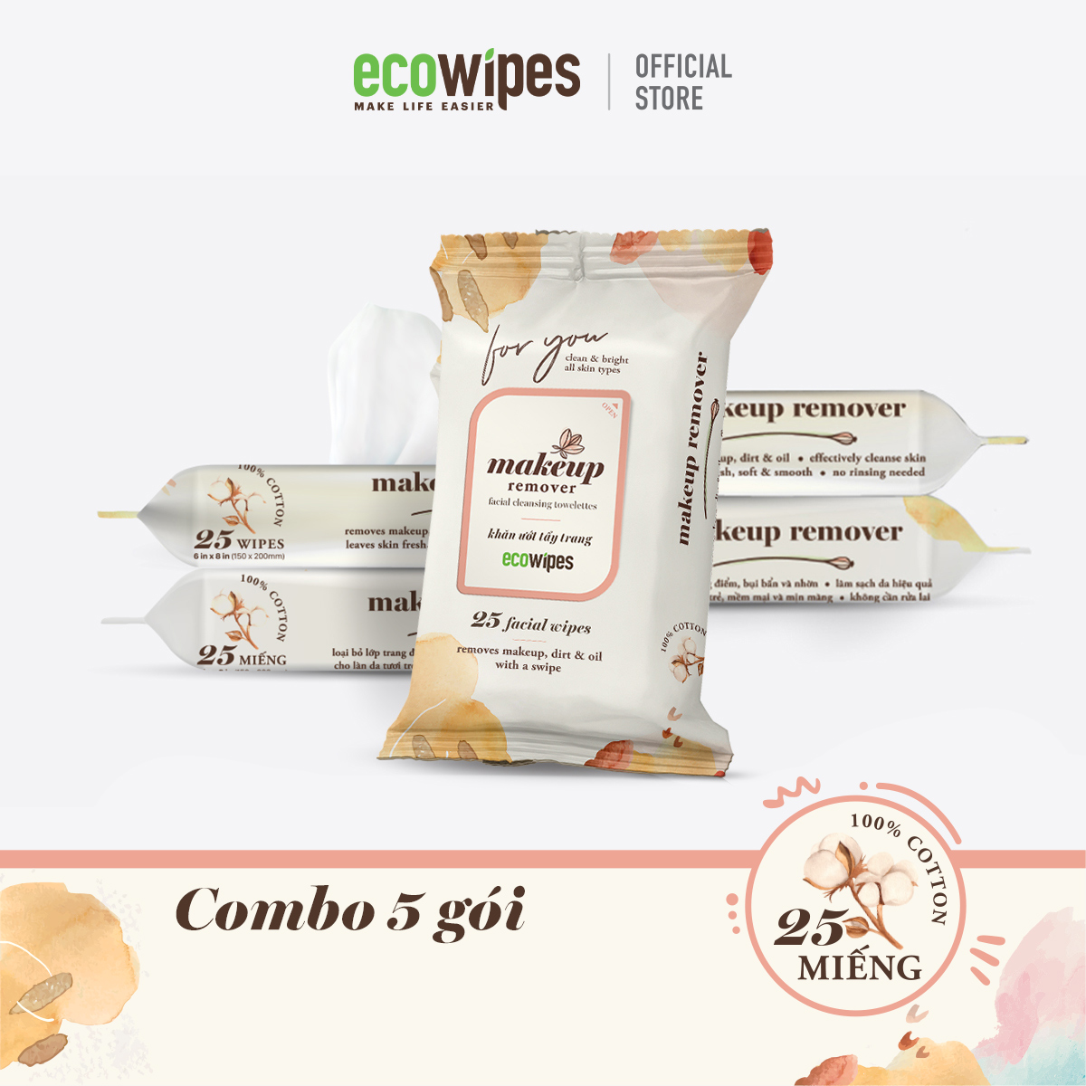 Combo 05 gói khăn ướt tẩy trang Makeup Remover Ecowipes gói 25 tờ làm sạch nhanh lớp trang điểm dễ dàng mang đi xa