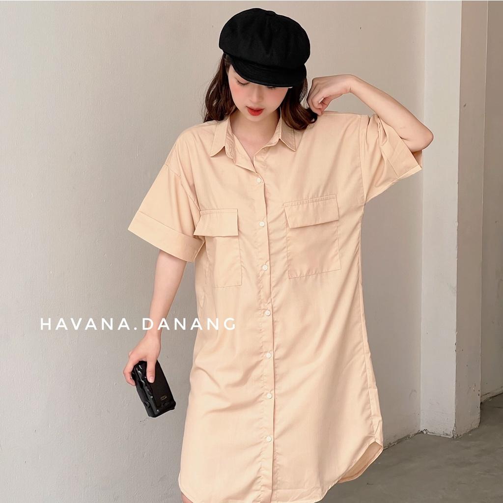 Đầm sơ mi tay cộc, sơ mi hai túi freesize form rộng