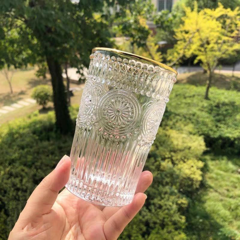 CỐC UỐNG NƯỚC THỦY TINH CHỊU NHIỆT CAO CẤP HOA VĂN TRÒN NỔI VIỀN VÀNG - VD722
