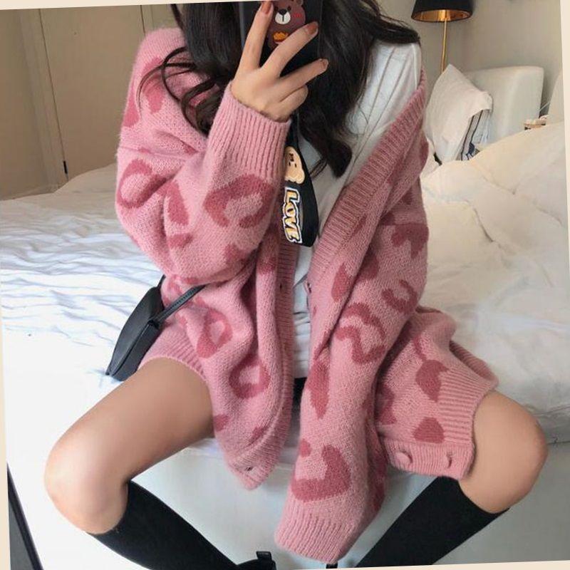 Áo len cardigan nữ dệt kim form rộng cổ V Họa Tiết Báo phong cách Hàn Quốc Hàng Quảng Châu Chất Đẹp H-1