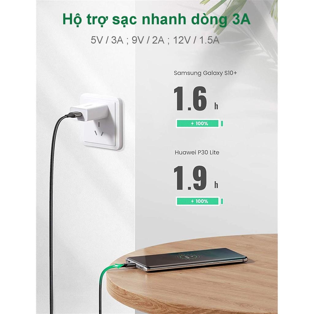 Cáp sạc nhanh USB 2.0 sang USB type C UGREEN US330 hỗ trợ dòng sạc 3A dạng dẹt dài 1m - Hàng Nhập Khẩu