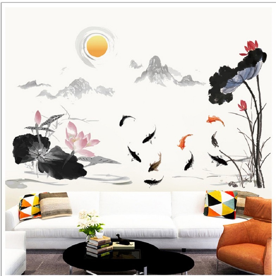 Decal dán tường tết Tranh Thủy Mặc - Combo trang trí Á Đông sang trọng