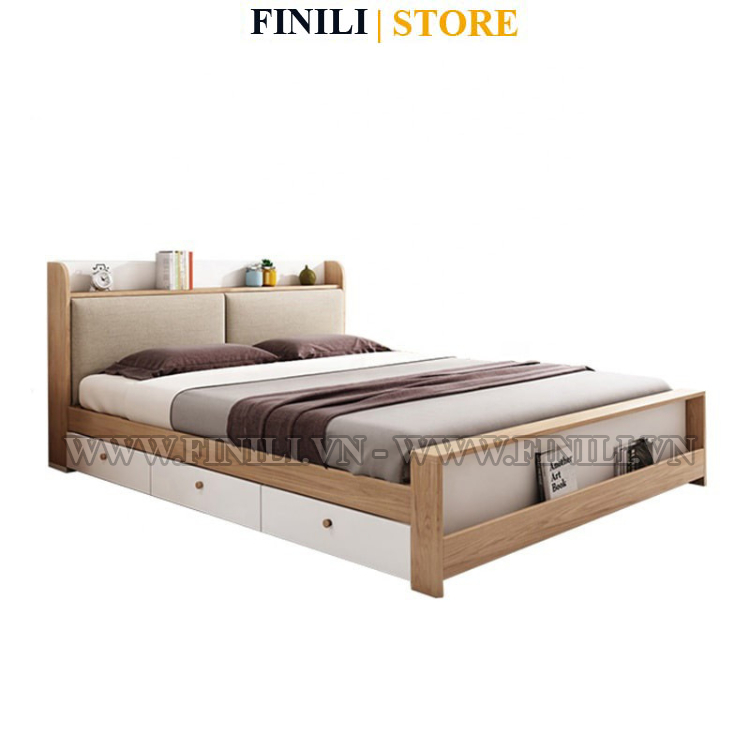 [FREESHIP TPHCM ]Giường ngủ gỗ công nghiệp FINILI kết hợp kệ sách và ngăn kéo hiện đại FLNO2088
