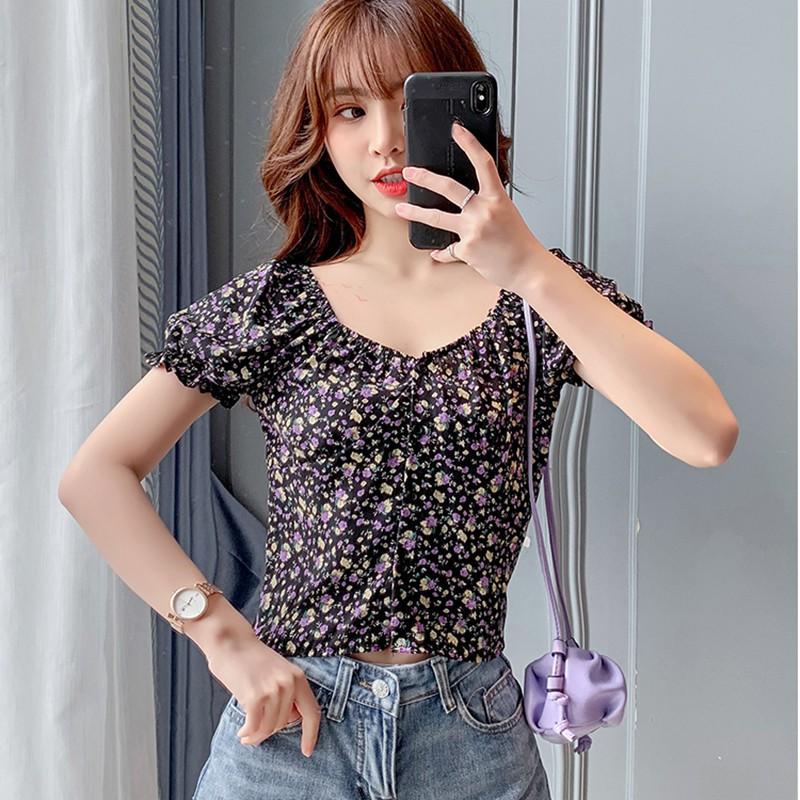 Áo Kiểu Chiffon Tay Ngắn Cổ Vuông In Họa Tiết Xinh Xắn Cho Nữ