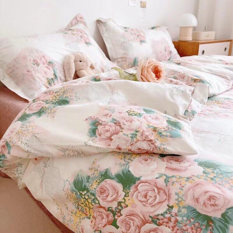 Bộ Chăn Ga Gối Cotton Living 100%cotton Hàng Nhập Khẩu Cao Cấp 4 Món Hoa Hồng Pháp