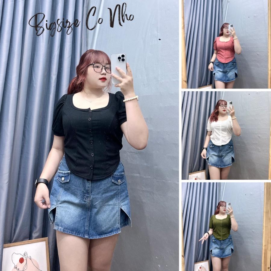 Áo thun tay ngắn cổ vuông bigsize nút kiểu bigsizeconho dáng croptop, Áo phông phom rộng chất gân tăm 58-92kg G39 - Trắng