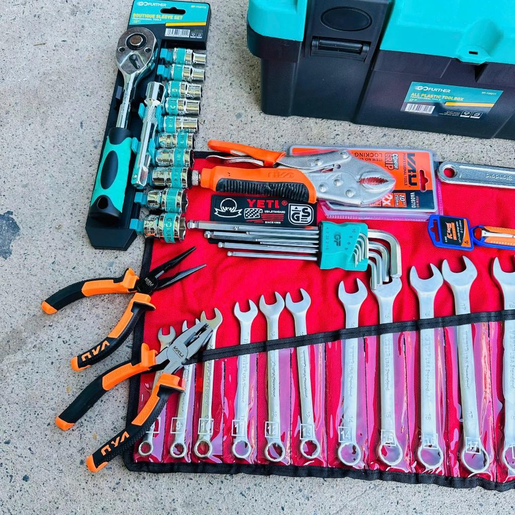 Bộ dụng cụ 46 món đồ sửa chữa xe máy, máy móc: hộp đựng đồ, cle, mỏ lết, lục giác, tuýp, tô vít.GF46