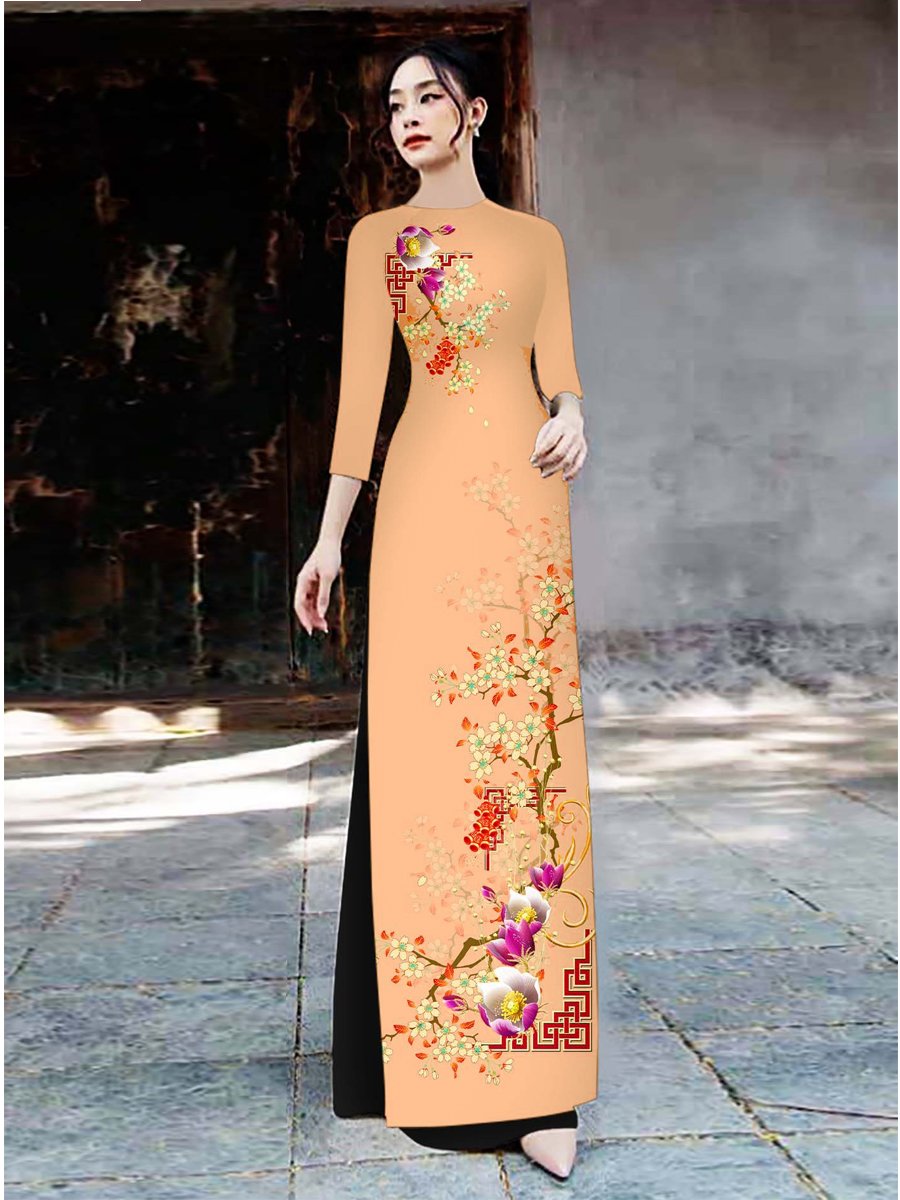 Áo dài lụa in 3D họa tiết hoa lan kết hợp mai vàng AD013 - Lady Fashion