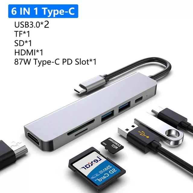 Hub chuyển đổi USB TypeC 6 trong 1, Cổng chuyển đổi HUB USB TypeC to HDMI, 1 cổng HDMI 4k UHD , 2 cổng USB 3.0, 2 khe đọc thẻ nhớ SD và TF, Kết nối nhiều thiết bị với tốc độ cao, Dùng cho Điện thoại/Laptop/PC/Macbook