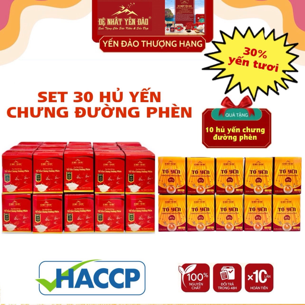 [TOP SALE] SET 30 HỦ TỔ YẾN CHƯNG ĐƯỜNG PHÈN 100% Tổ Yến Thật (Hàm Lượng 30% YẾN ĐẢO) [TẶNG KÈM 10 HỦ YẾN CHƯNG ĐÔNG TRÙNG] - Đệ Nhất Yến Đảo - Tăng Sức Đề Kháng - Kéo Dài Thanh Xuân - An Thần - Bổ Phế - Hỗ Trợ Sinh Lý Nam Nữ