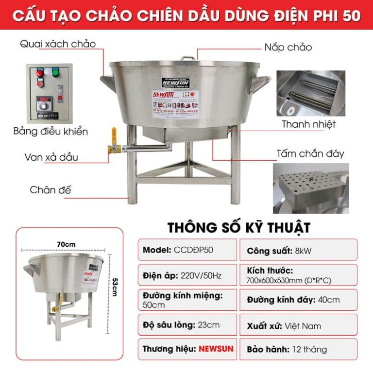 Chảo chiên dầu dùng điện phi 50 NEWSUN công suất 8000W - Hàng chính hãng