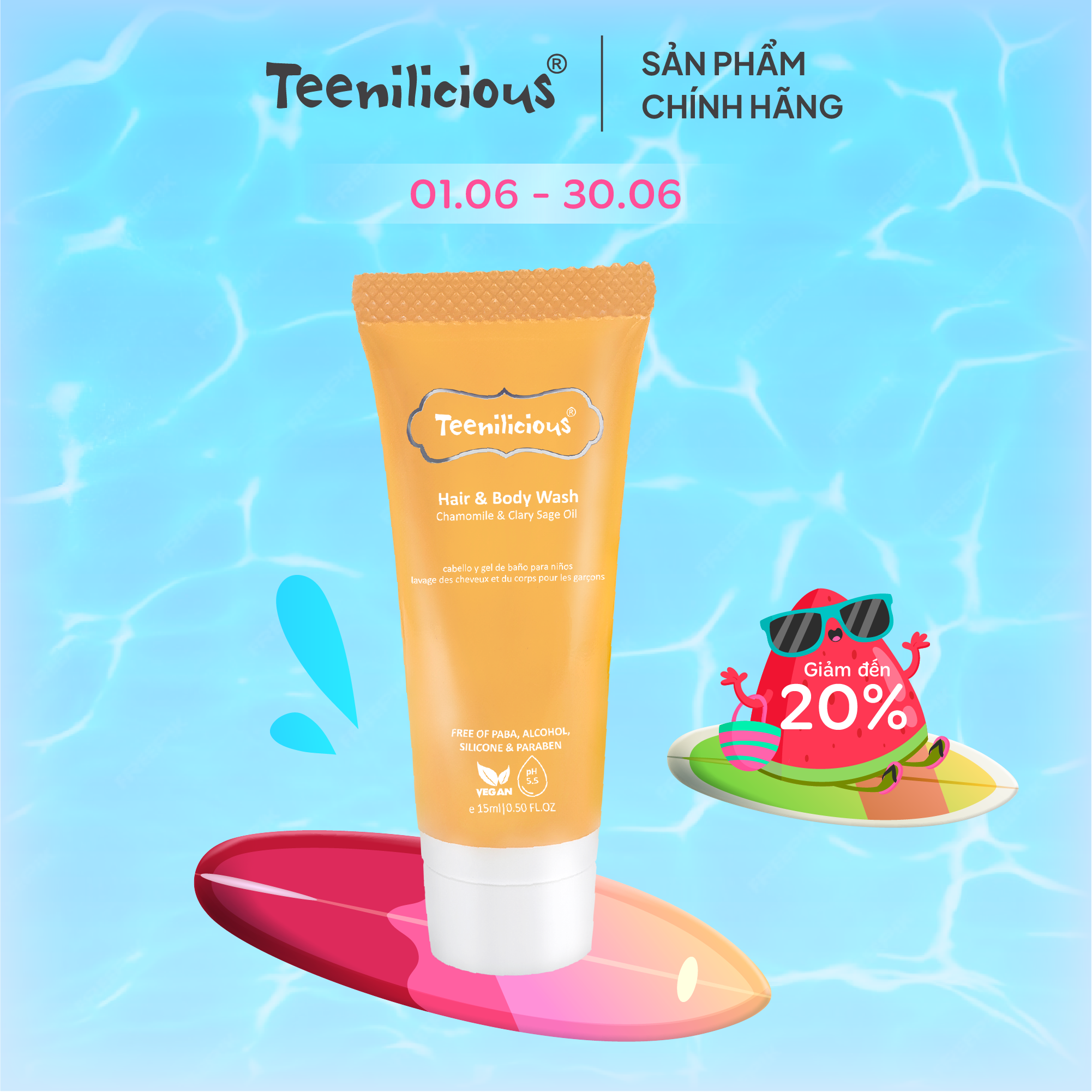 [Mini Size] Sữa Tắm Gội Toàn Thân Chiết Xuất Hoa Cúc Và Xô Thơm Teenilicious Hair &amp; Body Wash Chamomile &amp; Clary Sage Oil 15ml - Làm Sạch Bụi Bẩn Trên Da Và Tóc. Giúp Làm Đẹp Da Và Dưỡng Body
