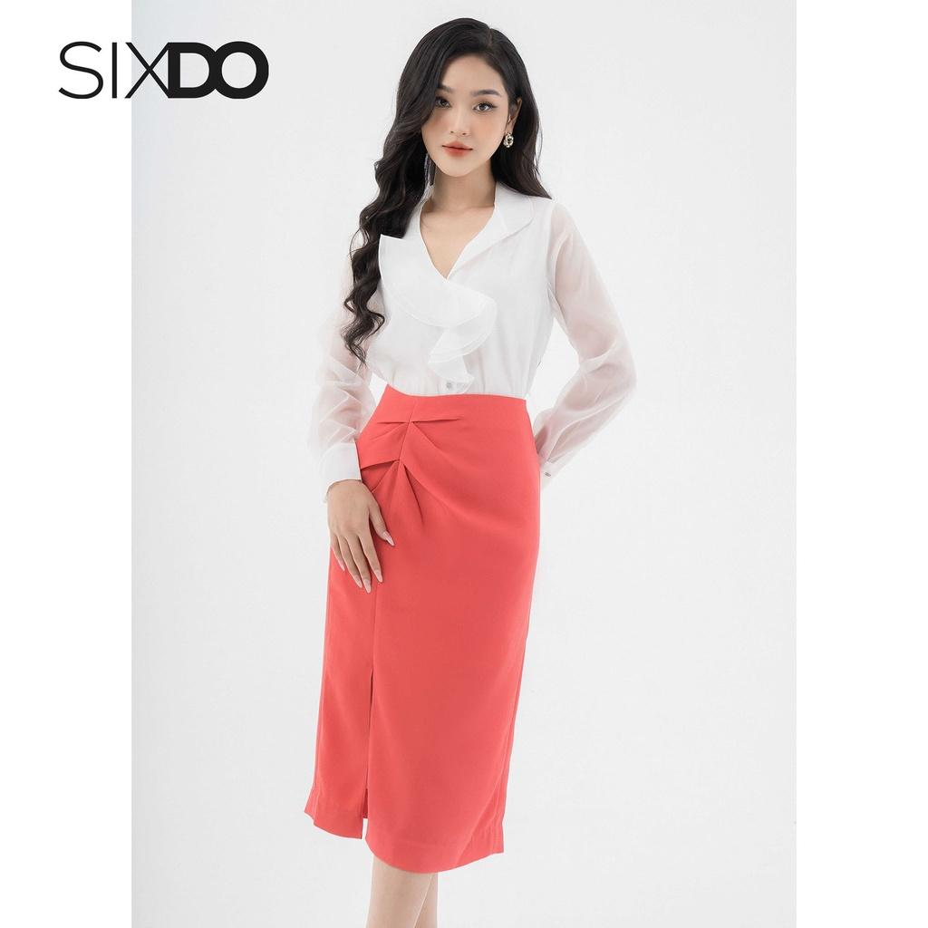 Áo sơ mi nữ trắng cổ V phối bèo SIXDO