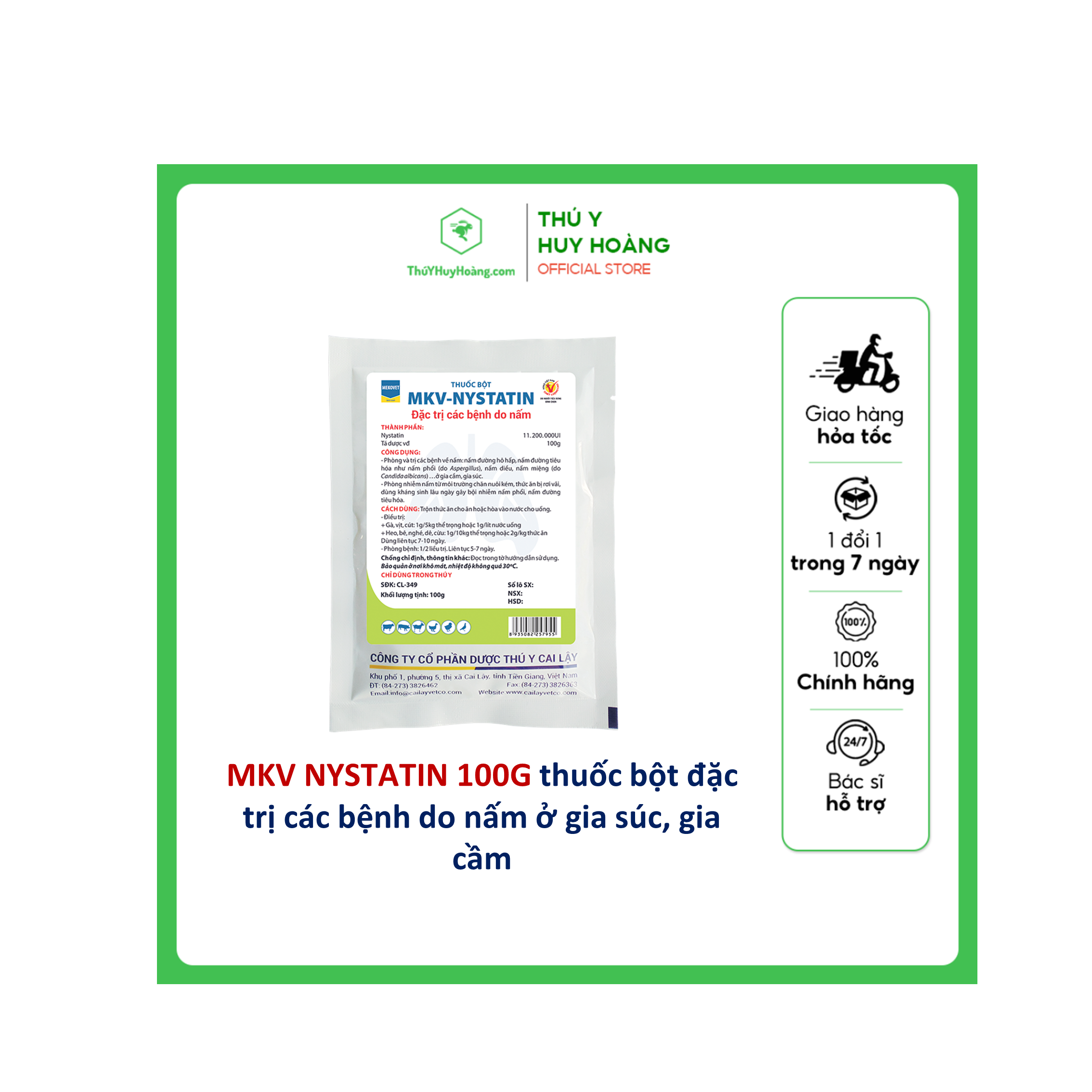 MKV NYSTATIN 100G thuốc bột đặc trị các bệnh do nấm ở gia súc, gia cầm