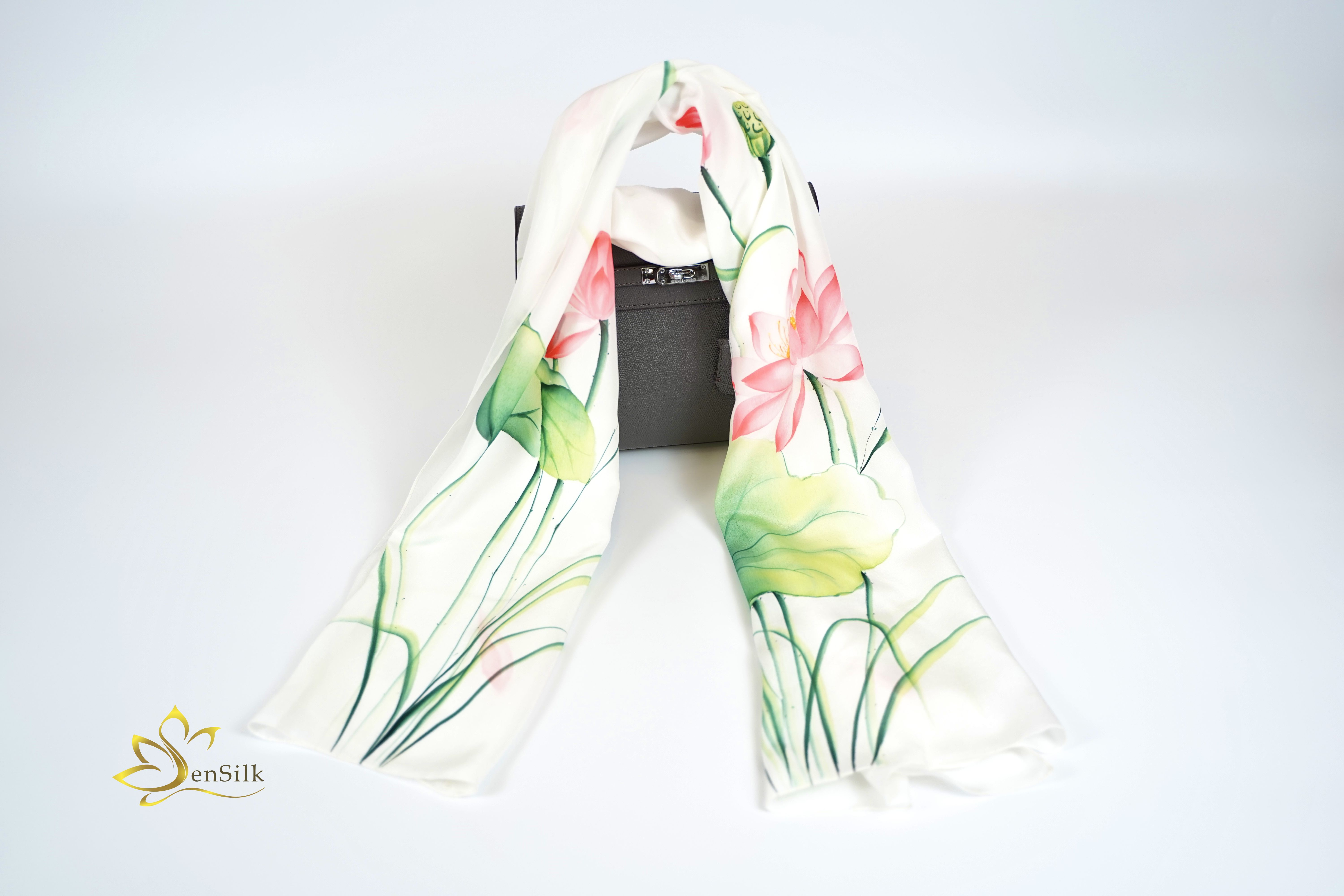 Khăn Lụa Vẽ Hoa Sen - SenSilk - Quà Tặng Khách Nước Ngoài, Quốc Hoa Việt Nam, Phụ Kiện Thời Trang Nữ Cao Cấp, Silk Painting Scarf, Water Marbling, Khăn Dệt Làng Nghề Truyền Thống.