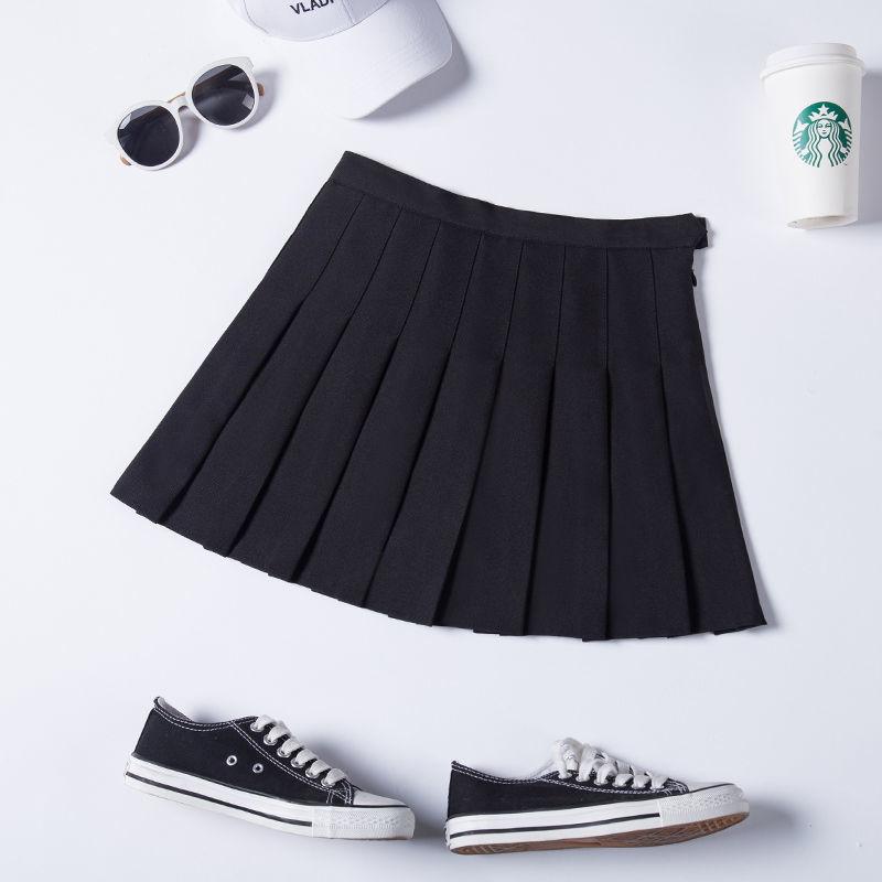 SHUANGYAN Váy xếp nếp nữ xuân hạ váy ngắn màu đen âu phục sinh viên ngắn eo cao chữ A lộ ra gầy nửa người váy