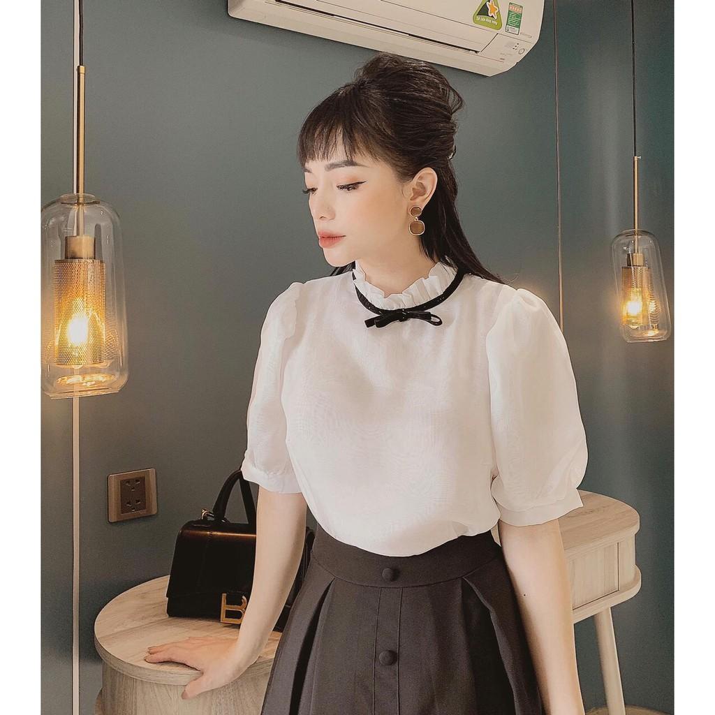 BÁN SỈ SET SƠ MI CỔ BÈO TAY BỒNG + CHÂN VÁY ĐEN