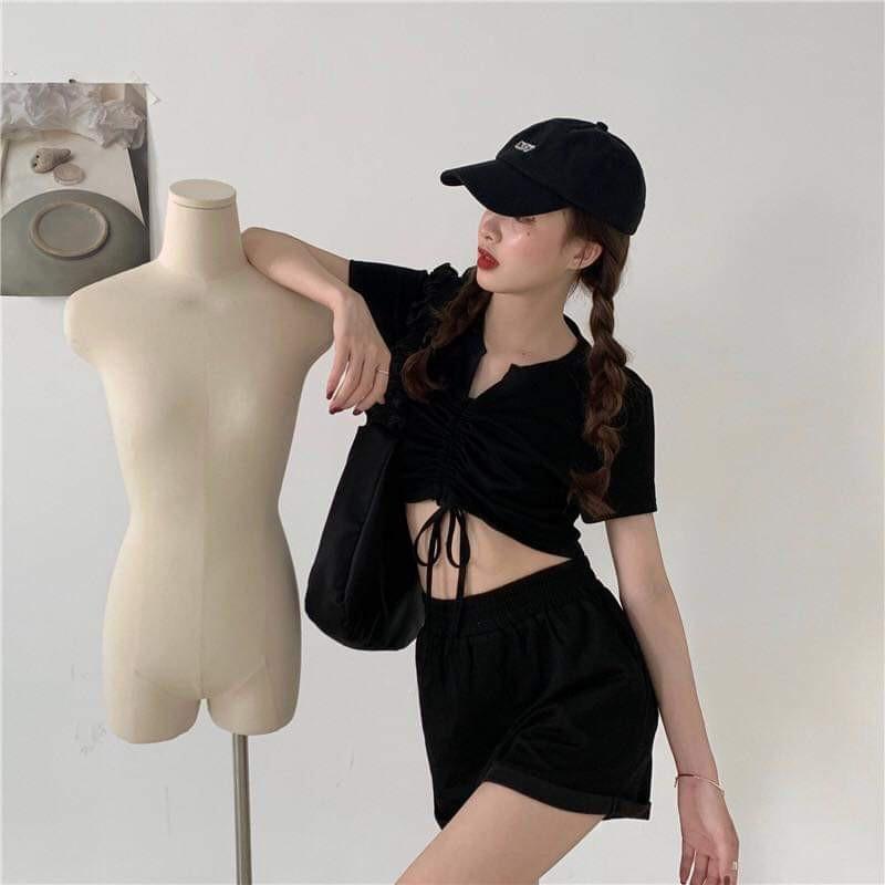 Set Áo Croptop Dây Rút Kèm Short Ulzzang (2 Màu) - D21