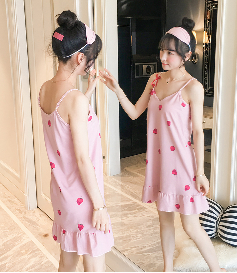 Váy ngủ, váy mặc nhà thiết kế 2 dây hồng cute Vn03
