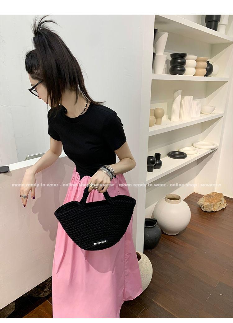 CHENGRUI Phong cách Pháp lạnh lùng hệ cao cấp cảm giác ăn mặc nữ 2022 mùa hè độc đáo vừa vặn hiển thị gầy chắp vá váy chữ A