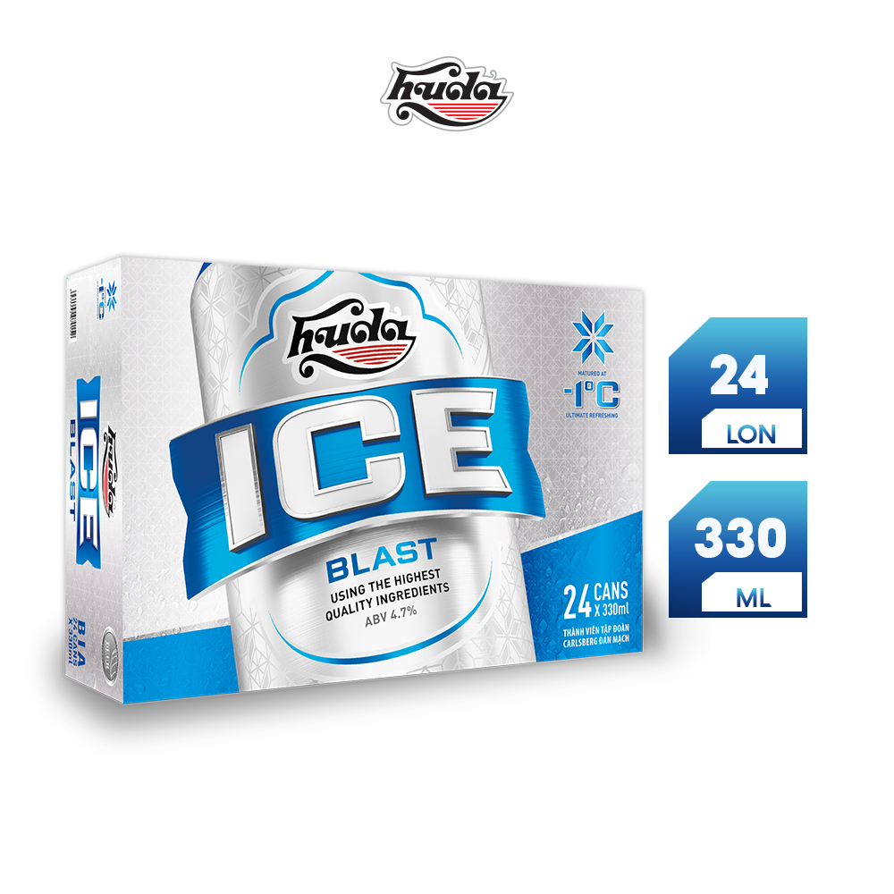 Thùng 24 lon bia Huda Ice Blast 330ml
