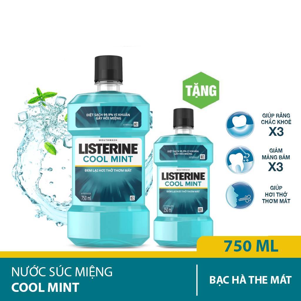 Nước Súc Miệng hơi thở thơm mát Listerine Cool Mint 750ml Tặng Nước Súc Miệng Listerine Coolmint 250ml