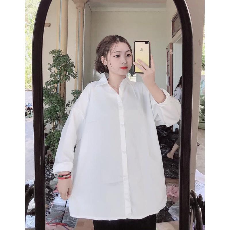 Áo Sơ Mi Nữ Dài Tay TRƠN Basic Unisex Dáng Rộng Trắng và Đen Kiểu áo sơ mi nữ tay dài form rộng suông