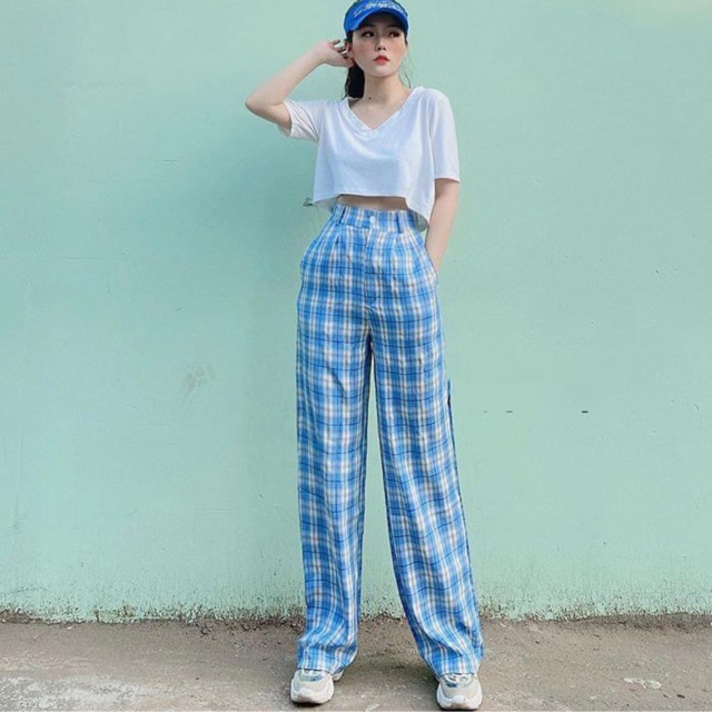 Quần ống rôngj Kẻ Sọc Caro form siêu đẹp