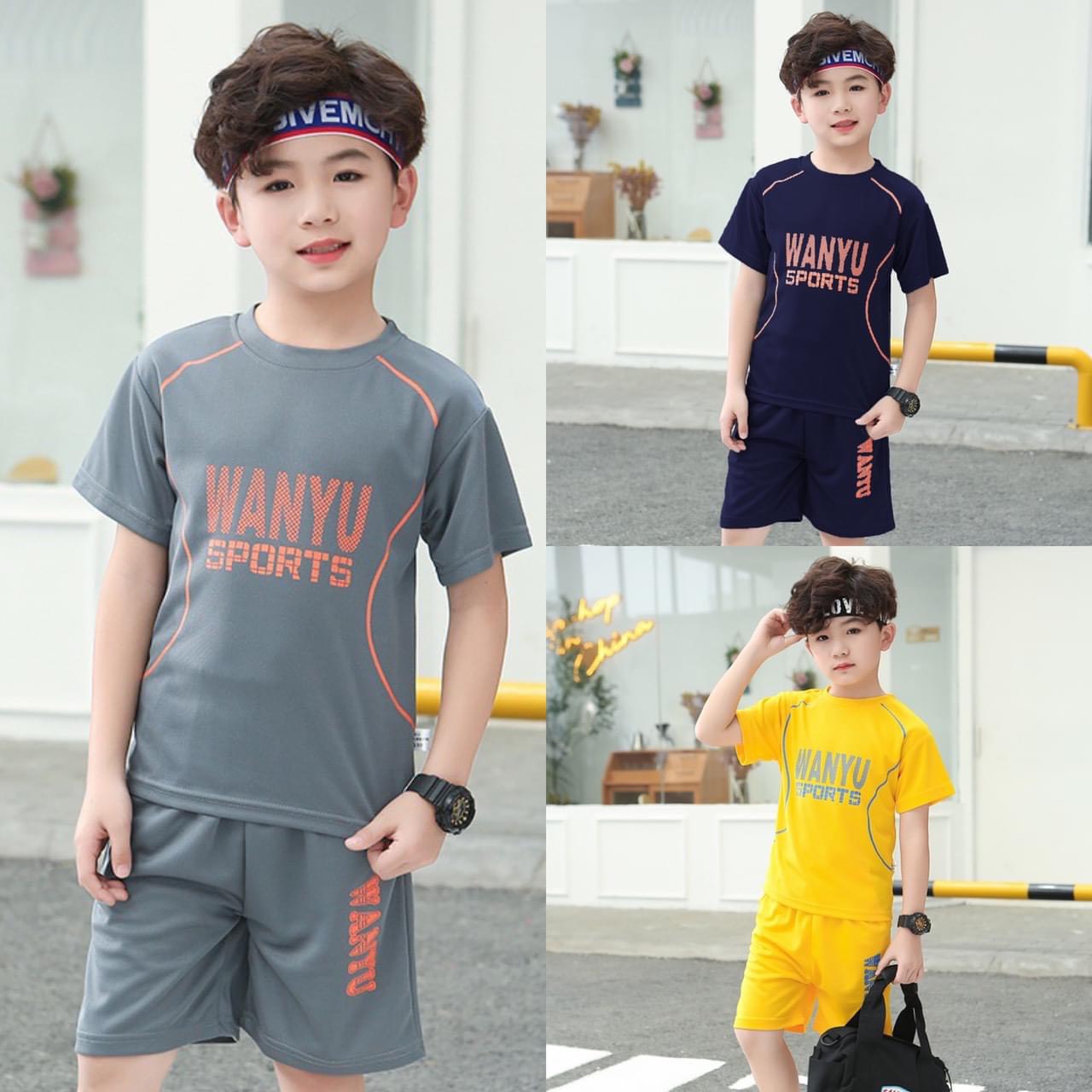 Set bộ thể thao bé trai 18-45kg mẫu chữ WANYU. Chất liệu thun lạnh mát, co dãn tốt. HA17