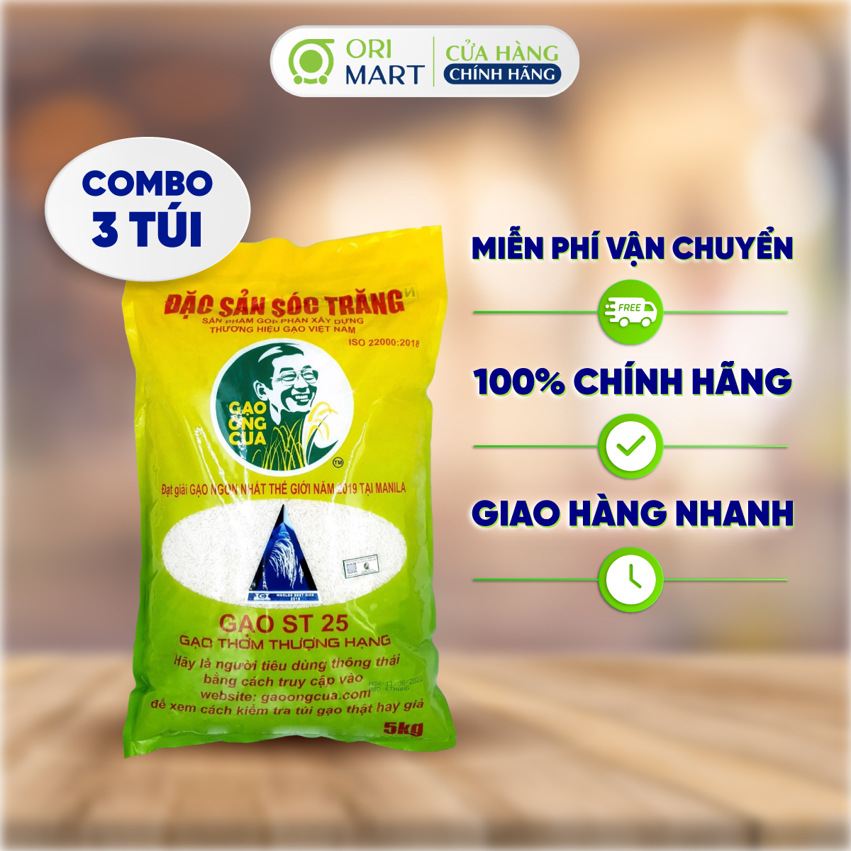 Combo 3 Túi Gạo ST25 ÔNG CUA Thơm Ngon Mềm Dẻo Chất Lượng Đạt Chuẩn 5kg ORIMART