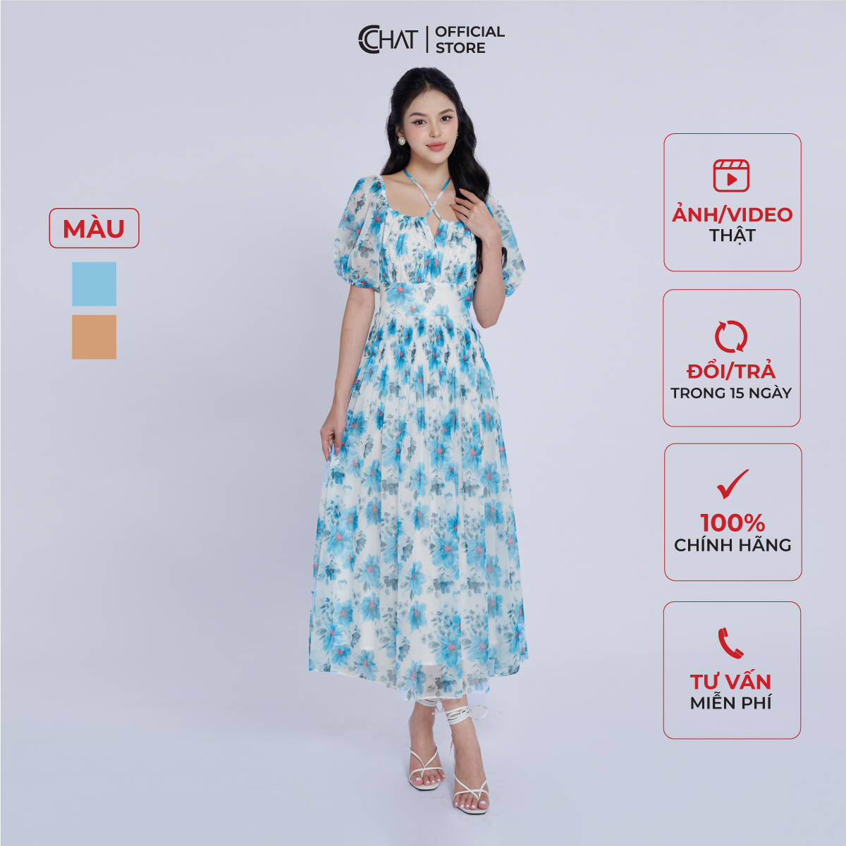 Đầm Nữ Kiểu Nhún Tay Bồng Chun Eo Dáng Xòe Chất Voan Bay Bổng 13VNV4005XT