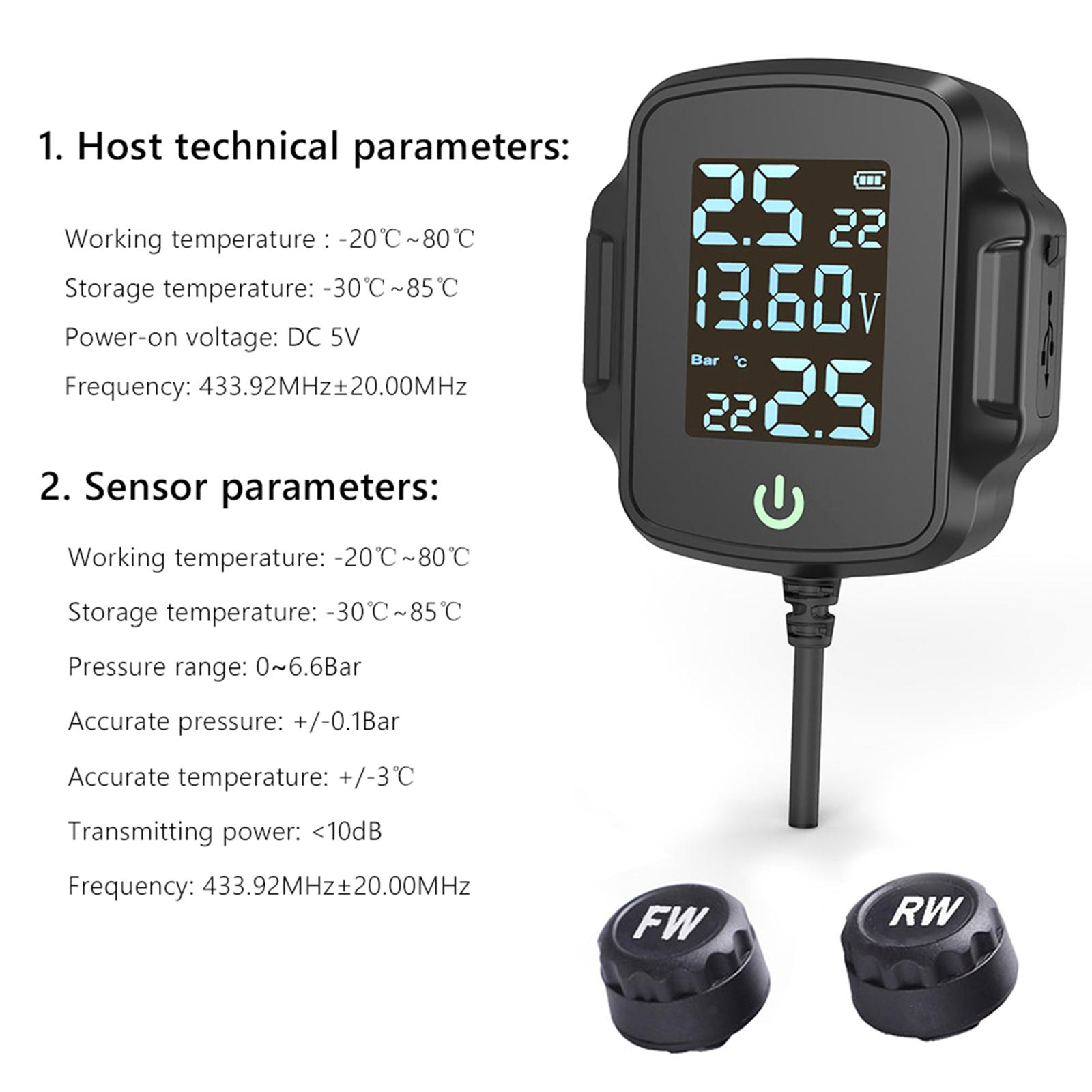 Motorcycle TPMS Tire Pressure Monitoring System Warning Gauge, Tyre Temperature Alarm System, with Voltage Detection, Dustproof