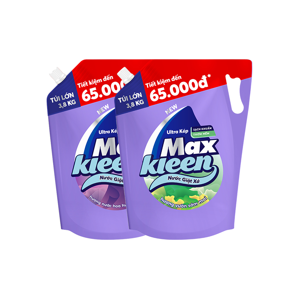 Combo Túi Nước Giặt Xả MaxKleen 3.8kg Vườn Sớm mai + Túi Nước Giặt Xả MaxKleen 3.8kg Huyền Diệu/Hoa Nắng