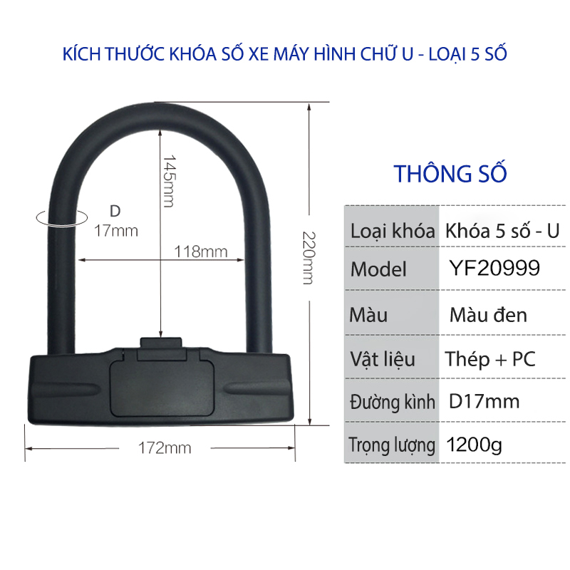 Khóa số chống trộm xe máy YF20999 hình chữ U – loại 5 số có thể thay đổi được mã số