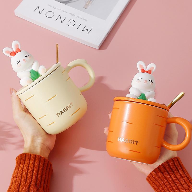 Phong cách mới nhất phim hoạt hình thỏ mềm dễ thương cốc sinh viên cặp vợ chồng sáng tạo cốc gốm văn phòng tại nhà có nắp muỗng ăn sáng cốc sữa