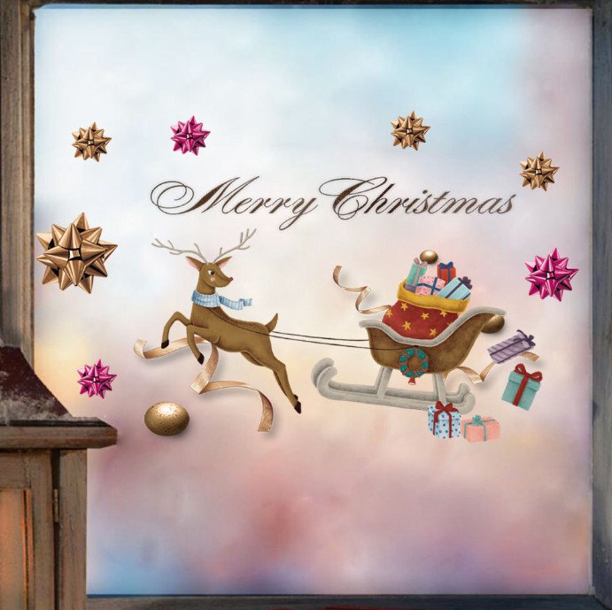 Decal trang trí Noel - Chú nai nâu kéo xe quà