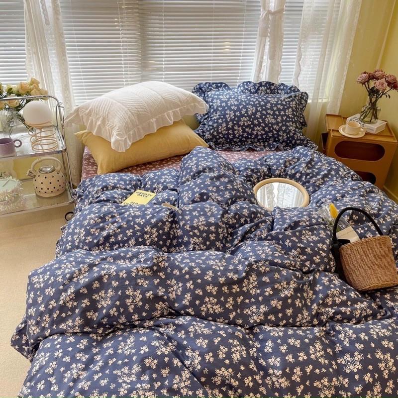 Set Cotton Hàn Quốc Bèo Ren 100%cotton Hàng Nhập Khẩu Cao Cấp 4 Món Hoa Nhí Xanh