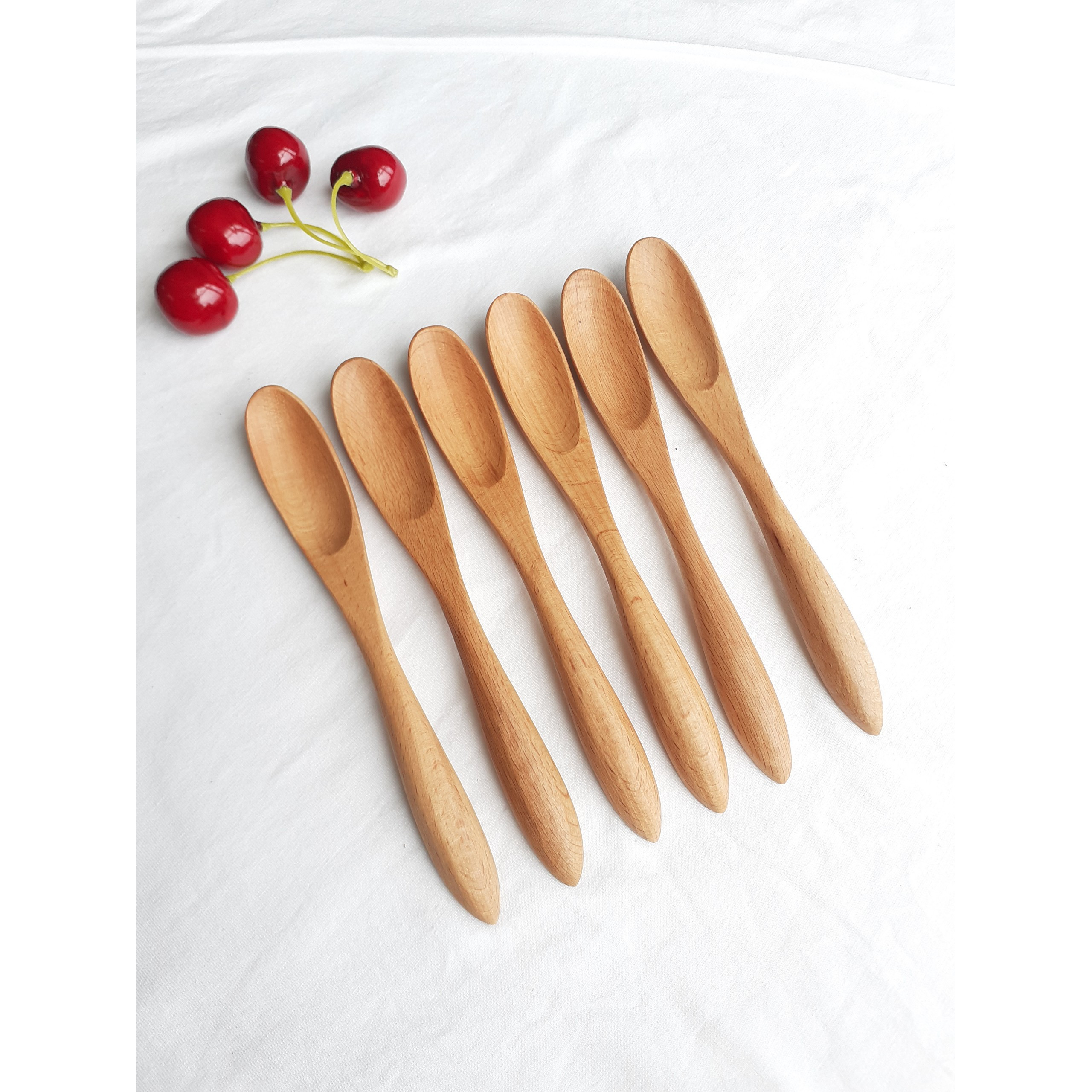 Bộ 6 thìa muỗng cà phê, sinh tố GỖ ĐÀO nhỏ màu sáng 15cmx2cm