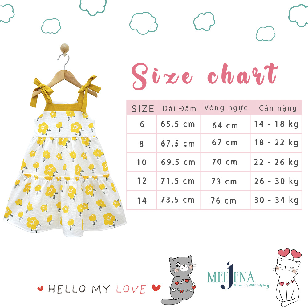 Đầm bé gái thắt nơ vai 14 - 34 kg MEEJENA - 100% COTTON 4C - 2057