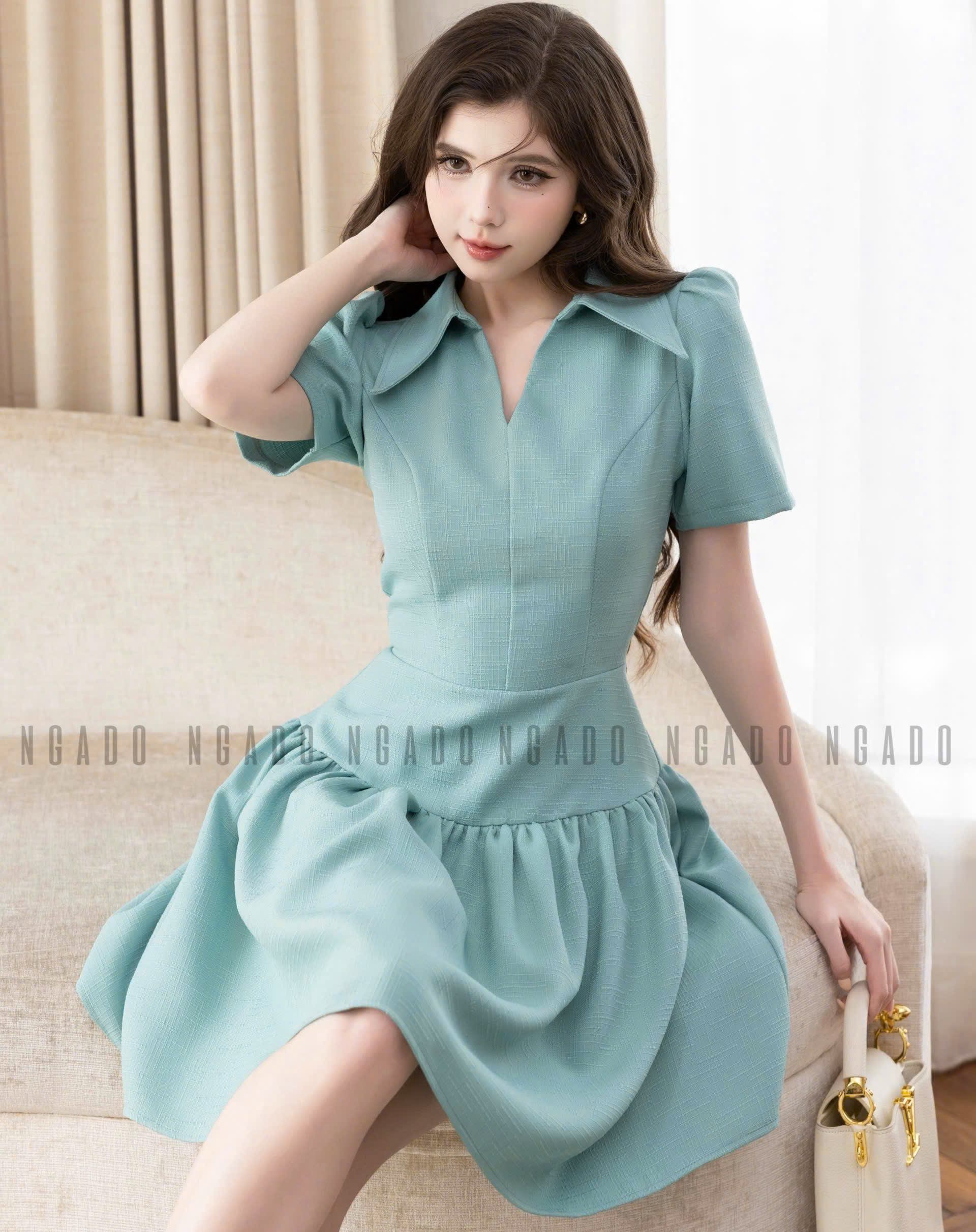 Đầm sơ mi xanh mint ngắn tay NGADO , đầm kiểu sơ mi , đầm nữ