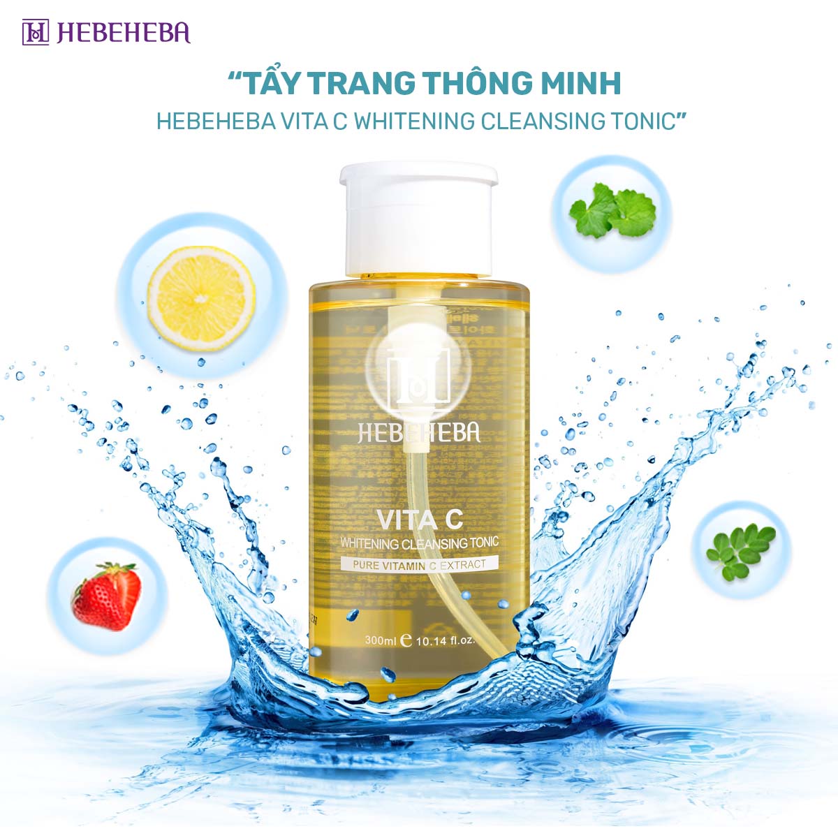 Tẩy Trang Thông Minh Chiết Xuất Chanh Hebeheba VITA C Whitening Cleansing Tonic 300ml