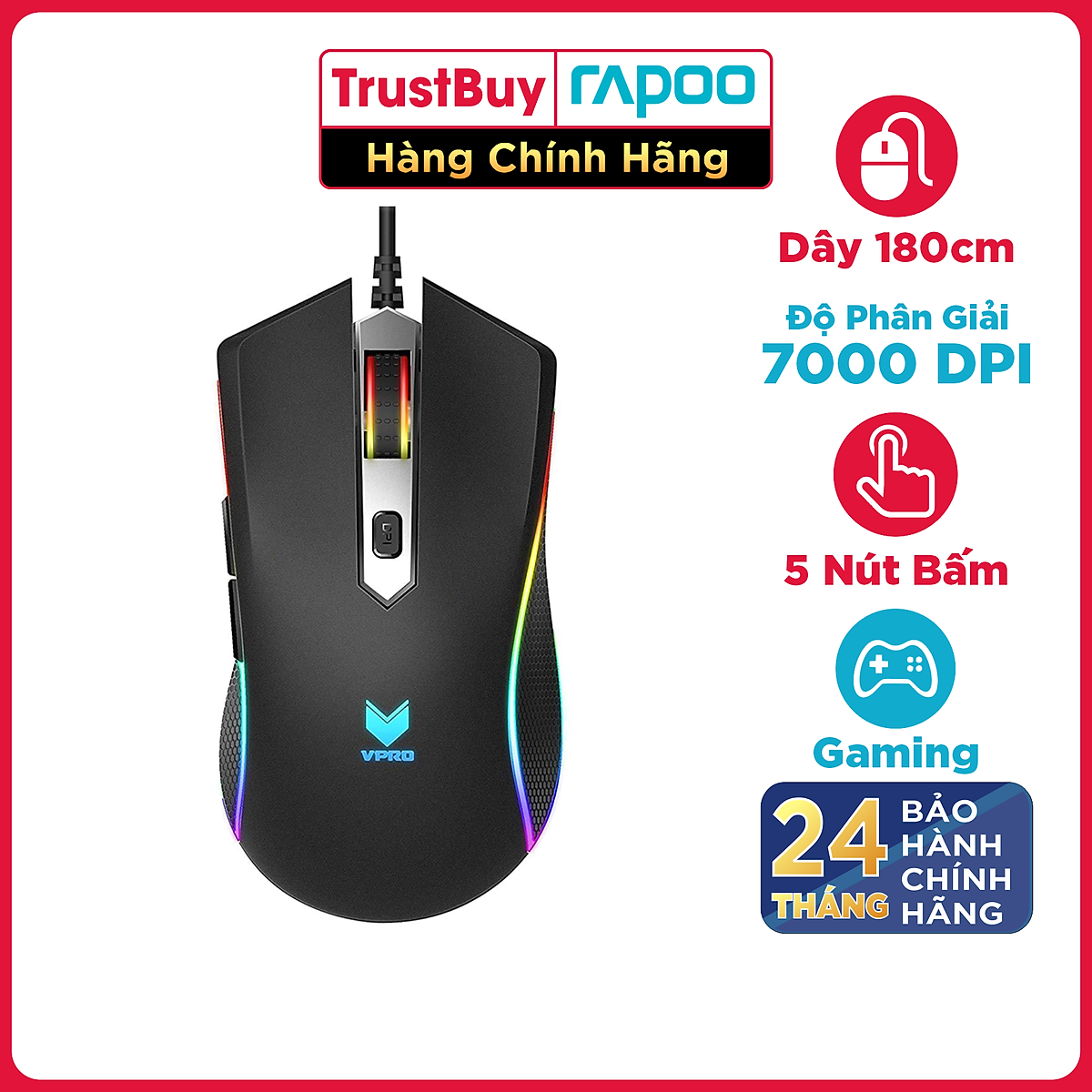 Chuột Gaming Có Dây RAPOO Đến 7000DPI, 7 Mức DPI, Đèn LED 16 Triệu Màu, Thiết Kế Cho Game Thủ - V280 - Hàng Chính Hãng