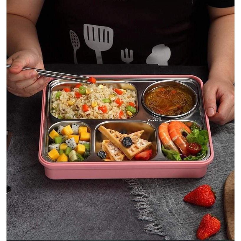 Hộp Cơm Văn Phòng Inox 5 Ngăn Bao Gồm Đũa Thìa Đầy Đủ Phụ Kiện HA15
