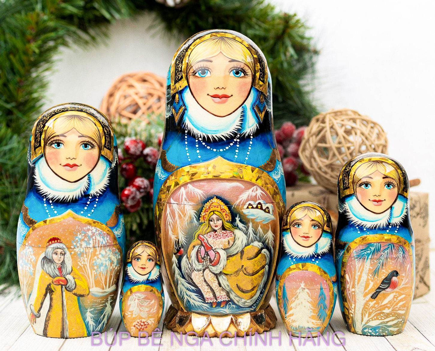 BỘ BÚP BÊ NGA MATRYOSHKA CAO CẤP 5 LỚP 20CM ĐIÊU KHẮC CHẠM NỔI HOA VĂN "CÔNG CHÚA MÙA ĐÔNG" CỰC ĐẸP VÀ SANG TRỌNG